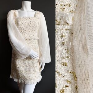 Tweed Boucle Ivory Formal Dress Lace Balloon Sleeves Bridal Elopement Wedding S